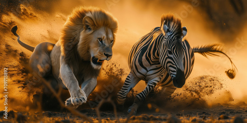 Strong and big lion hunting zebra. Survival and balance in nature concept. Freedom concept photo