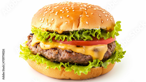 Pork Burger with mustard sauce dressing isolated on white background, Hamburger on white With work path. Made with generative ai