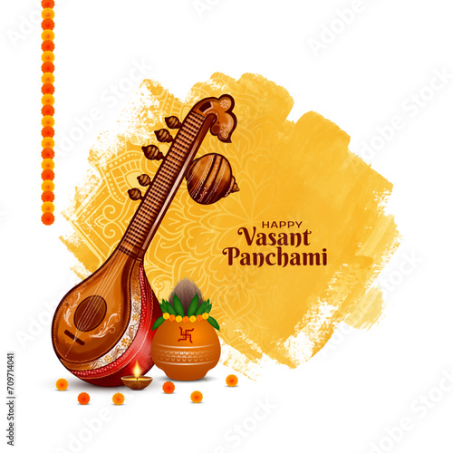 Elegant Happy Vasant Panchami Indian festival card with Veena illustration photo