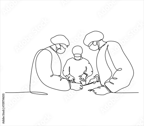 Single continuous single line drawing group of team surgeon doctor doing surgery operation to the patient with critical condition. Operating surgery concept one line draw design vector illustration