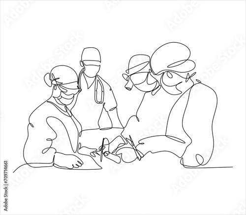 Single continuous single line drawing group of team surgeon doctor doing surgery operation to the patient with critical condition. Operating surgery concept one line draw design vector illustration