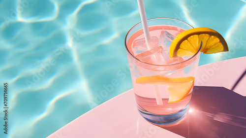 Refreshing summer cocktail with ice cubes and fruits on swimming pool background, summer vacation, holiday vibe