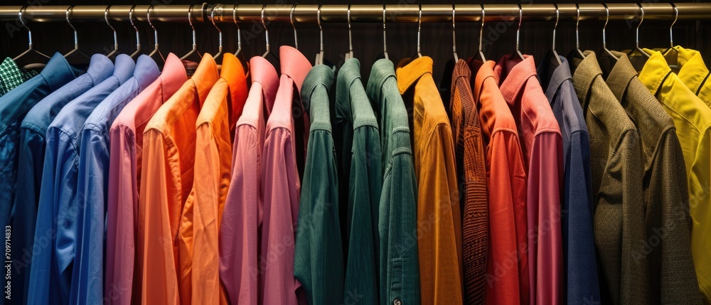 Vibrant Assortment Of Shirts Thoughtfully Organized On A Hanging Rack. Сoncept Fashionable Fall Accessories, Cozy Knit Sweaters, Elegant Evening Gowns, Stylish Footwear