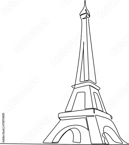 Single one line drawing of Eiffel Tower landmark wall decor poster. Iconic place in Paris, France. Tourism and travel greeting postcard concept. Modern continuous line draw design vector illustration