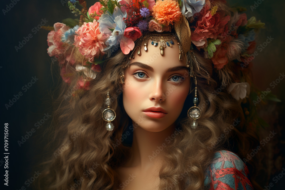 Portrait of a beautiful boho woman with flower crown. Portrait of a beautiful boho woman with flower crown.
