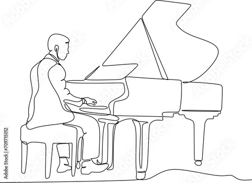 Single continuous line drawing of young happy male pianist playing classic grand piano on music concert orchestra. Musician artist performance concept one line draw design graphic vector illustration