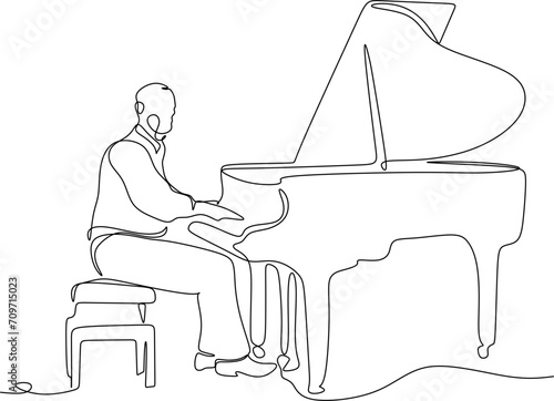 Single continuous line drawing of young happy male pianist playing classic grand piano on music concert orchestra. Musician artist performance concept one line draw design graphic vector illustration