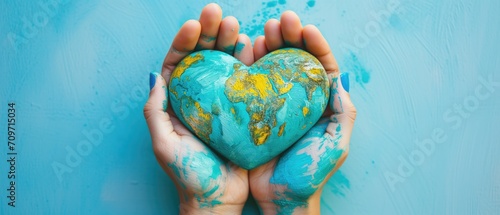 Hands Painted As World Map Shape A Heart Symbol On Blue Background. Сoncept World Map Art, Hand-Painted Heart, Blue Background, Symbolic Gesture