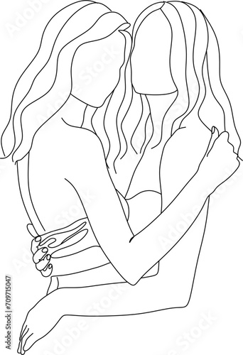Abstract portrait of young pretty woman. Friends, sisters or couple. Continuous one line drawing isolated on white. Vector illustration in simple modern style.