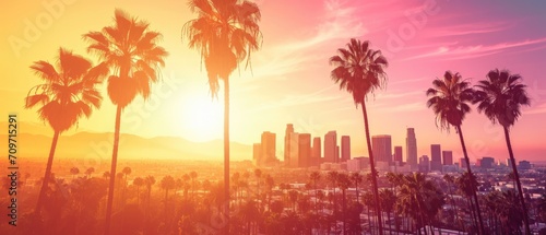 Foto Palm Trees Frame The Iconic Los Angeles Skyline In This Vibrant Photo