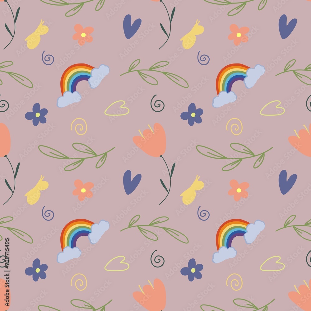 Colorful cute floral and rainbow seamless pattern background. Textured illustration, hand drawn.