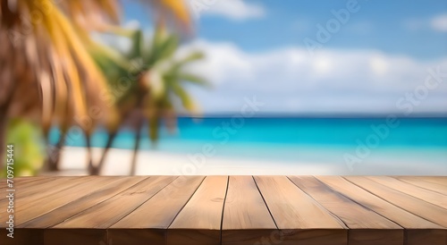 Wooden table to display products  beach background