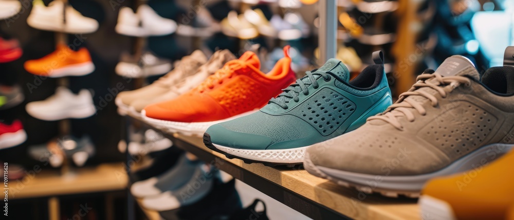 Stylish Athletic Footwear On Display In Trendy Boutique Store. Сoncept Fashionable Sneakers, Trendsetting Sportswear, Athleisure Fashion, Sports-Inspired Accessories