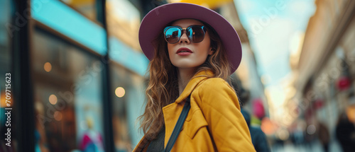 Stylish Woman With Shopping Bags, Exuding Confidence And Trendy Fashion Choices. Сoncept Cityscape Sports Photography, High-Fashion Editorial, Vintage-Inspired Portraits, Dramatic Sunset Landscapes