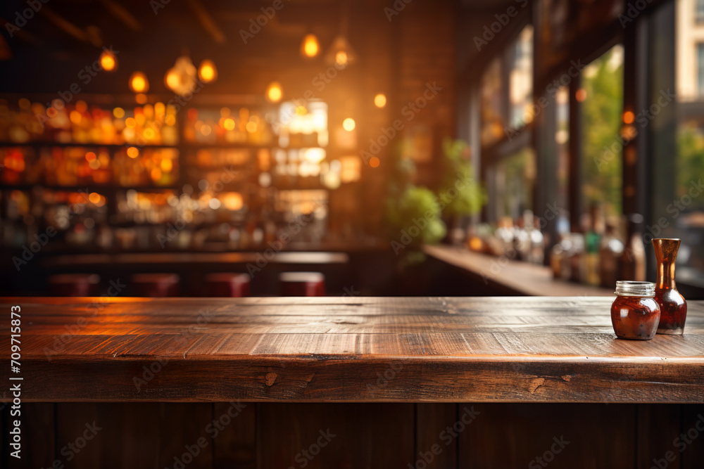 Rustic empty wooden table. Vintage pub interior. Dark wood counter. - obrazy, fototapety, plakaty 