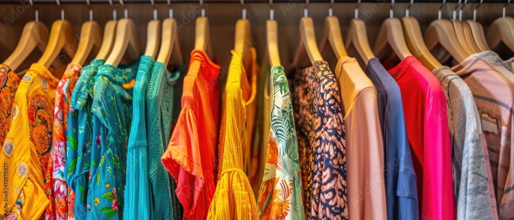 Vibrant Fashion Choices In A Closet Colorful Clothes On Display, Perfect For Summer. Сoncept Summer Fashion Trends, Colorful Closet, Vibrant Outfits, Stylish Wardrobe, Fashionable Choices