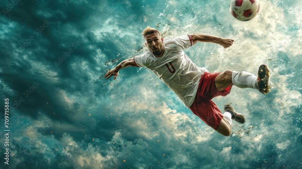 Frozen movement. Portrait of competitive young man, soccer player passes ball to colleague in air against cloudy sky background.