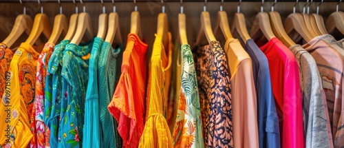 Vibrant Fashion Choices In A Closet Colorful Clothes On Display, Perfect For Summer. Сoncept Summer Fashion Trends, Colorful Closet, Vibrant Outfits, Stylish Wardrobe, Fashionable Choices © Ян Заболотний