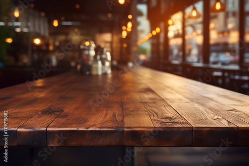 Rustic empty wooden table. Vintage pub interior. Dark wood counter.