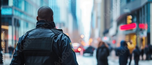 Watchful Security Agent Monitors Bustling Downtown For Potential Threats And Disturbances. Сoncept Downtown Security, Threat Monitoring, Disturbance Detection, Vigilant Agent photo