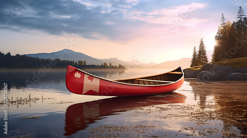a lakeside scene with a canoe and a Canadian flag, creating a peaceful and patriotic setting for a Canada Day 2024 card, captured in high definition