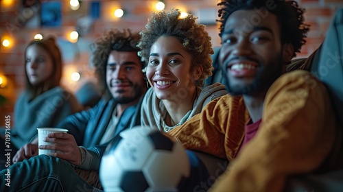 Close up portrait of young soccer fan with ball, sitting on sofa in Bar, chanting, cheering for football team. Friends celebrate goal.