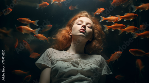 Schlafende Frau von Goldfischen umgeben, beleuchtet. Konzept: Fische als Traumsymbol. Surrealistische Illustration.  photo