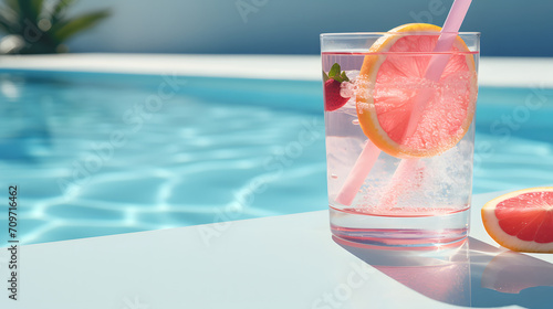 Refreshing summer cocktail with ice cubes and fruits on swimming pool background, summer vacation, holiday vibe