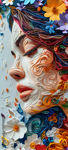 Wallpaper Mural Blossoming Beauty: Artwork Featuring the Face of a Beautiful Woman Adorned with Floral Facets - Generative AI Torontodigital.ca