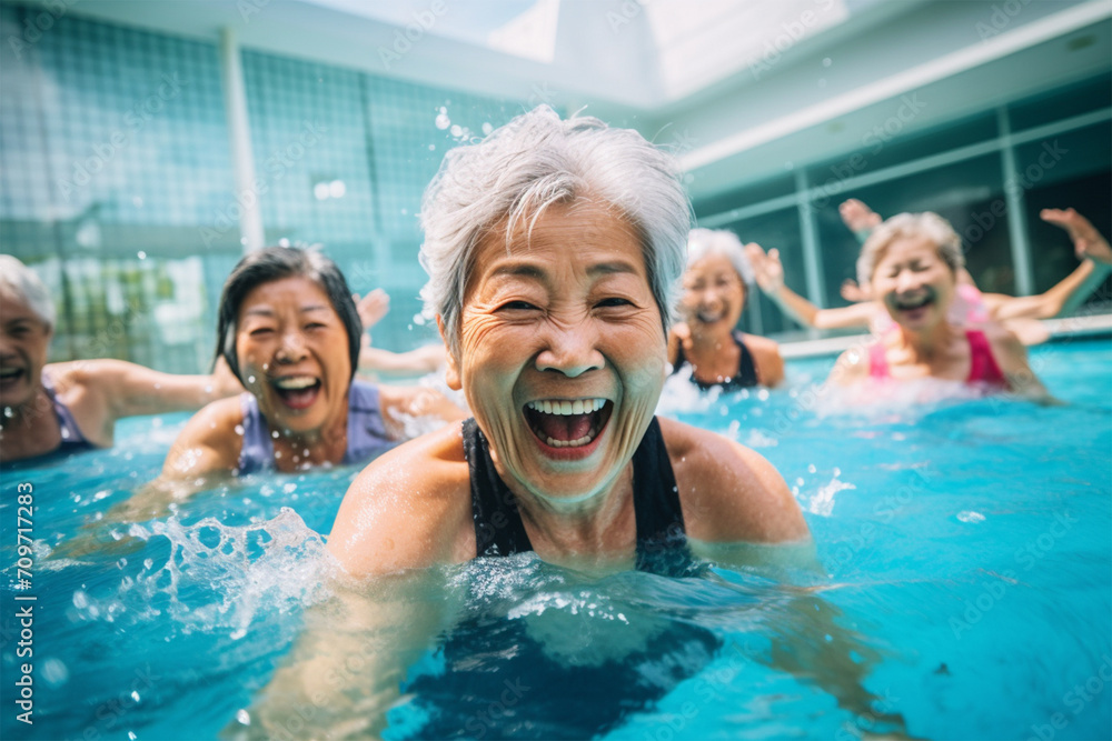 Fototapeta premium プールで運動しているシニア女性