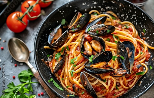 Spaghetti with Mussels and Red Wine Sauce