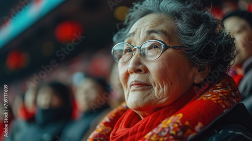 Focus on senior chinese woman sitting on crowded tribune, watching football match and cheering up favorite national team