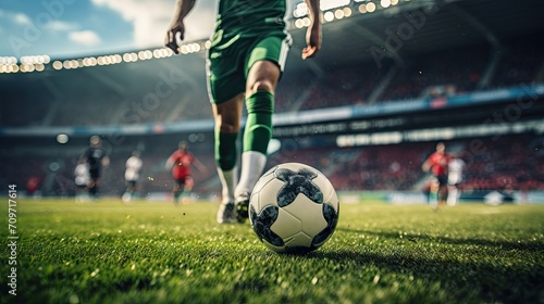 Cropped image of male legs, football player in motion on stadium kicking, dribbling ball on grass. Sunny day. Outdoor sport arena