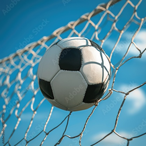 Football ball flew into the goal. Soccer ball flying into net against blue sky background. Outdoor game © master1305