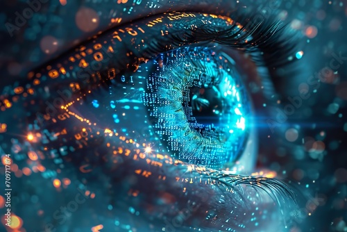 transition to the digital age, virtual augmented reality. The captivating artwork featured a centered, stylized futuristic eye. Set the backdrop as a Matrix-like binary code with blue numbers and lett