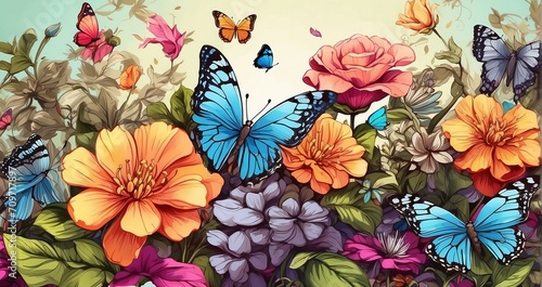 A lush garden alive with fluttering butterflies. Show vibrant flowers attracting a kaleidoscope of butterfly species  with intricate details of their colorful wings.  - Generative AI