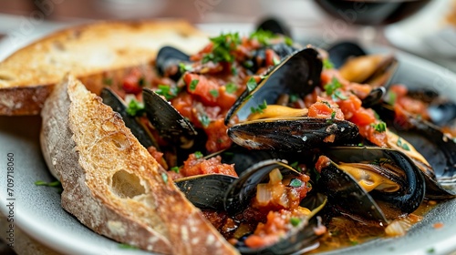 Delicious Mussels with Tomato Sauce and Bread Plate