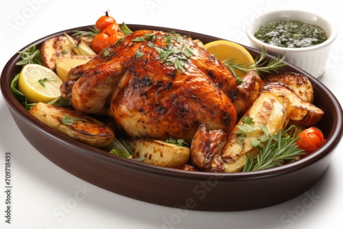 3D Render of Roasted Chicken Platter, on an isolated White background, Generative AI