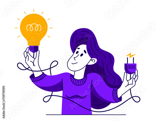 Картината върху платно Idea needs resources to be realized embodied in life, vector illustration of a young woman with a light bulb and plug for electrify it