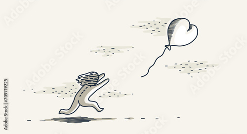 Feelings are gone concept, vector illustration of a person running and trying to catch heart shaped balloon on a wind, love is gone, let it go.