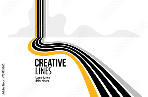 Future lines in 3D perspective vector abstract background, black and yellow linear composition, road to horizon and sky concept, optical illusion op art.