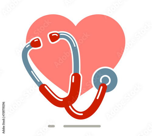 Stethoscope with heart vector simple icon isolated over white background, cardiology theme illustration or logo.