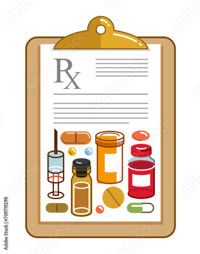 RX doctor prescription with different drugs and medicine vector flat style illustration isolated over white, advertising banner health care and healing medical theme design.