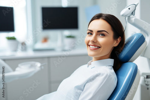 Generative AI image of smiling patient in chair dentistry teeth treatment
