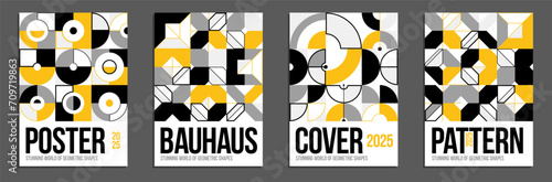 Abstract geometric posters and covers set, vector background pattern magazine or catalog templates, technic style geometric shapes composition.