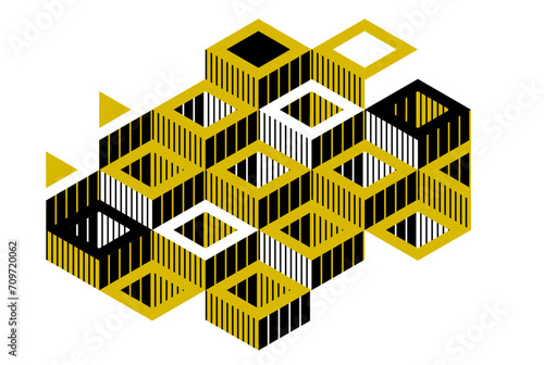 Isometric 3D cubes vector abstract geometric background, yellow abstraction art architecture city buildings theme, cubic shapes and forms composition lowpoly style.