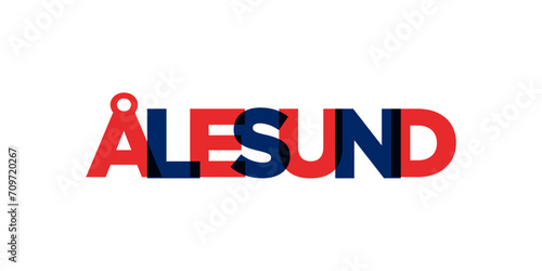 Alesund in the Norway emblem. The design features a geometric style, vector illustration with bold typography in a modern font. The graphic slogan lettering.