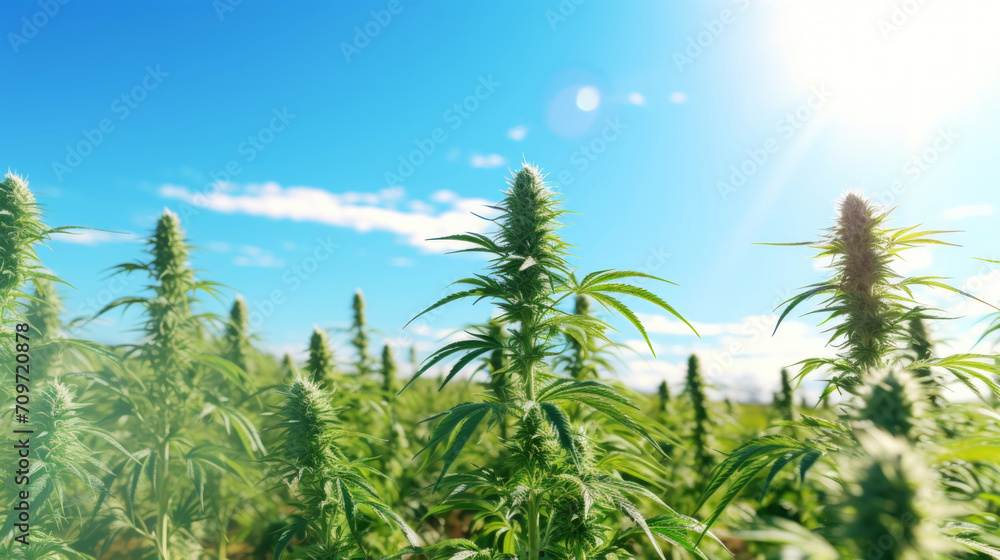 Close up of cannabis sativa plant on a field, sunny day. Industrial medical marijuana concept. Generative AI