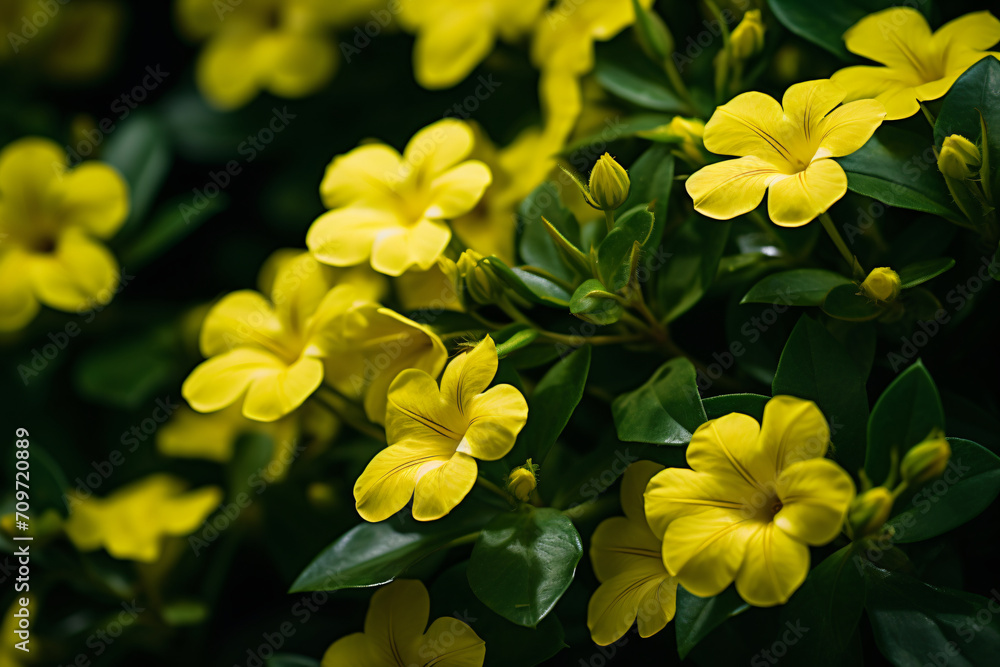 Fototapeta premium Yellow flowers are green with leaves and flowering, in the style of shang dynasty, close-up, sigma 35mm f/1.4 dg hsm art, matte photo, high speed sync, rounded, lightbox