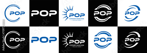 POP logo. P O P design. White POP letter. POP, P O P letter logo design. Initial letter POP linked circle uppercase monogram logo. P O P letter logo vector design. POP letter logo design five style.	
